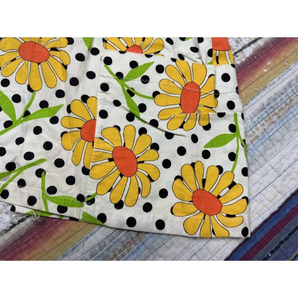Vintage 60s Polka Dot Retro Daisy Smock Chore Apron Hippie House Wife Tie Back